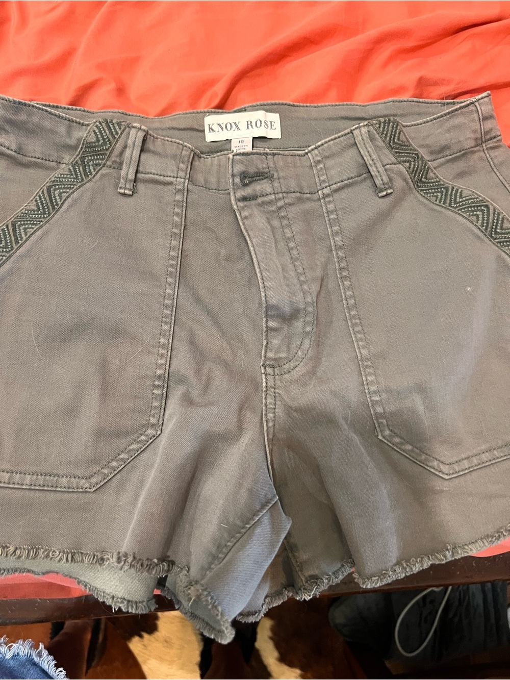 Knox Rose Gray Frayed Hem Denim Shorts with Embroidered Trim